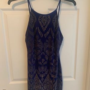 Navy dress with sparkly gold designs